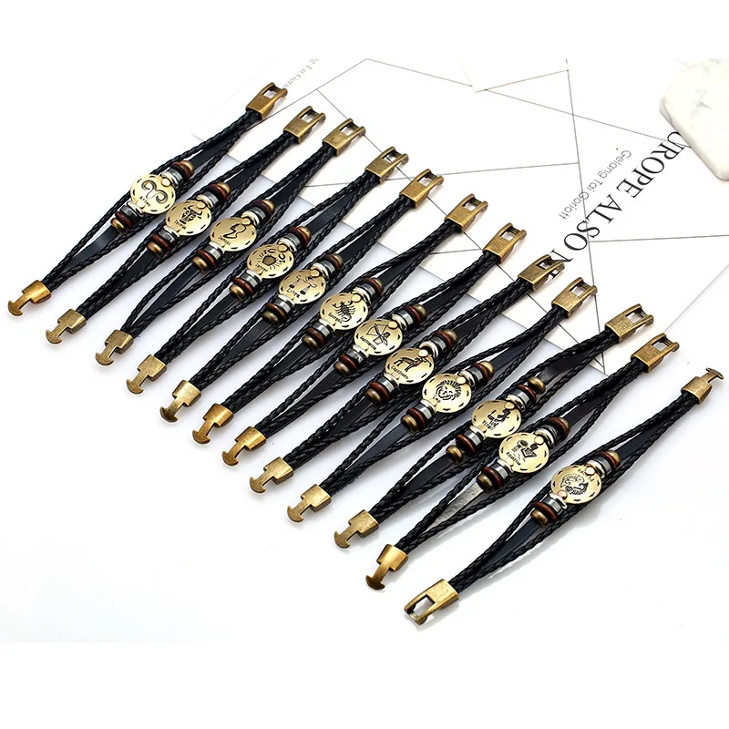 
Real Factory 12 Zodiac Cheap Personalized Vintage Punk Man Peace Truth Leather Zodiac Leather Bracelet Men 