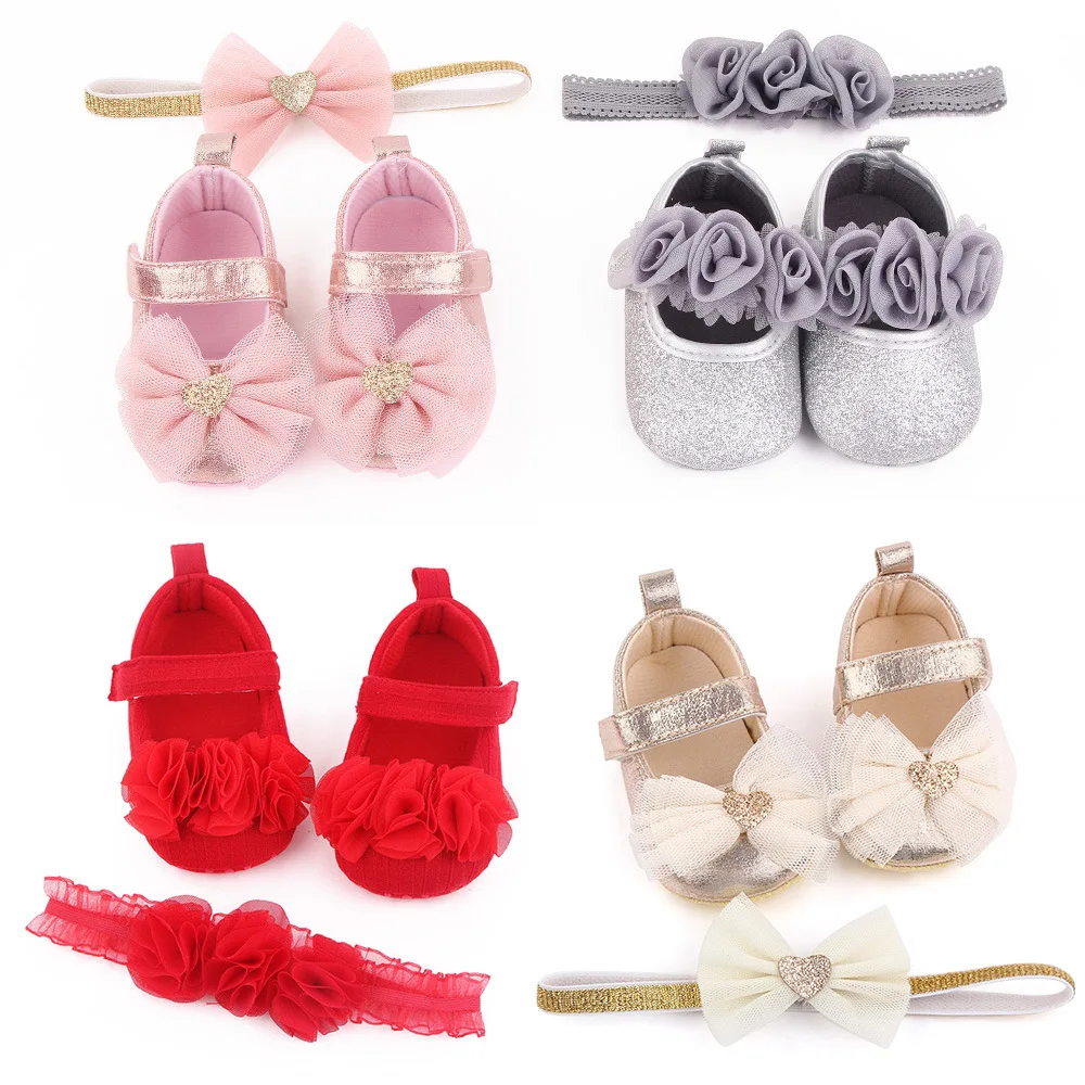 Spring Autumn Breathable Non-slip Baby Girl Ballet Shoes Headband Set Sparkle Flower Flats