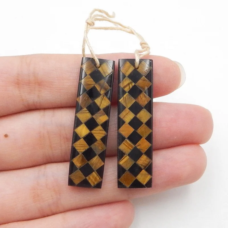 Women Unique Mosaic Pattern Earrings Pendant Gemstone Tiger eye and Obsidian
