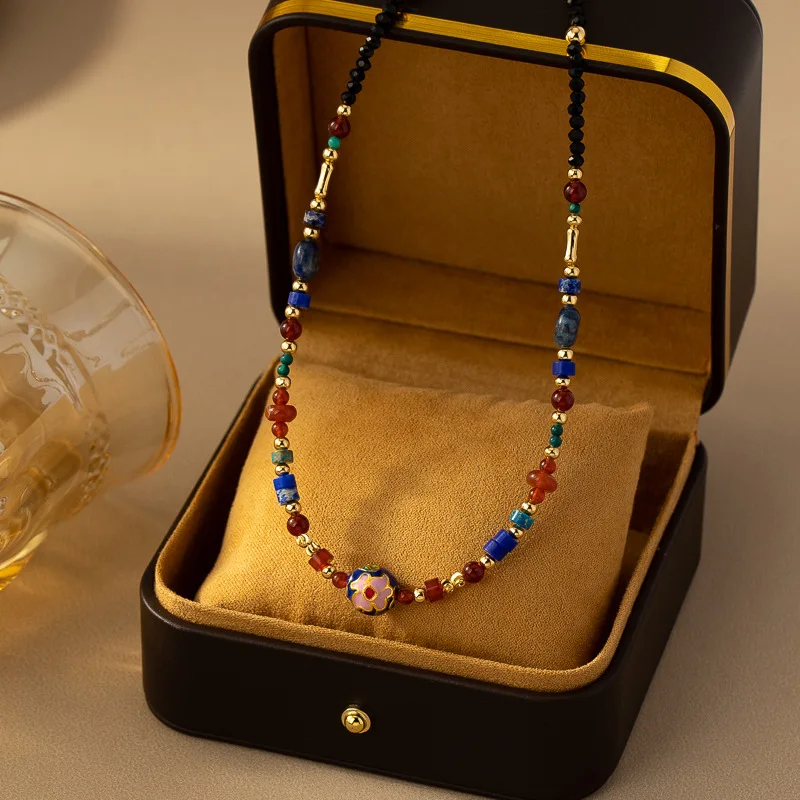 High Quality Chinese Ethnic Design Enamel Jewelry Set Gold Plated Brass Gemstone Beaded Earrings Necklace for Wedding Gift Women