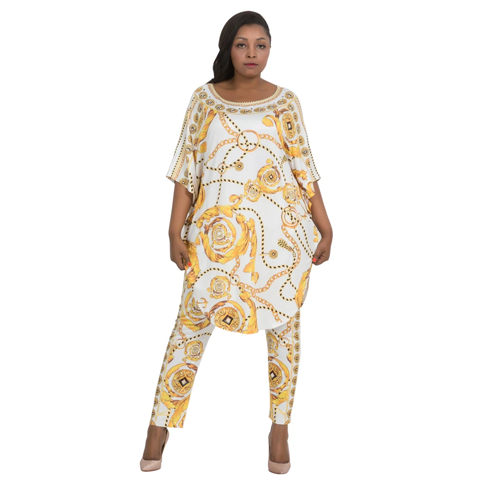 
Batwing Kaftan Plus Size Maxi Crystal Crystal Dress Suit Set Print Boubou Loose Africa Clothing Suit 