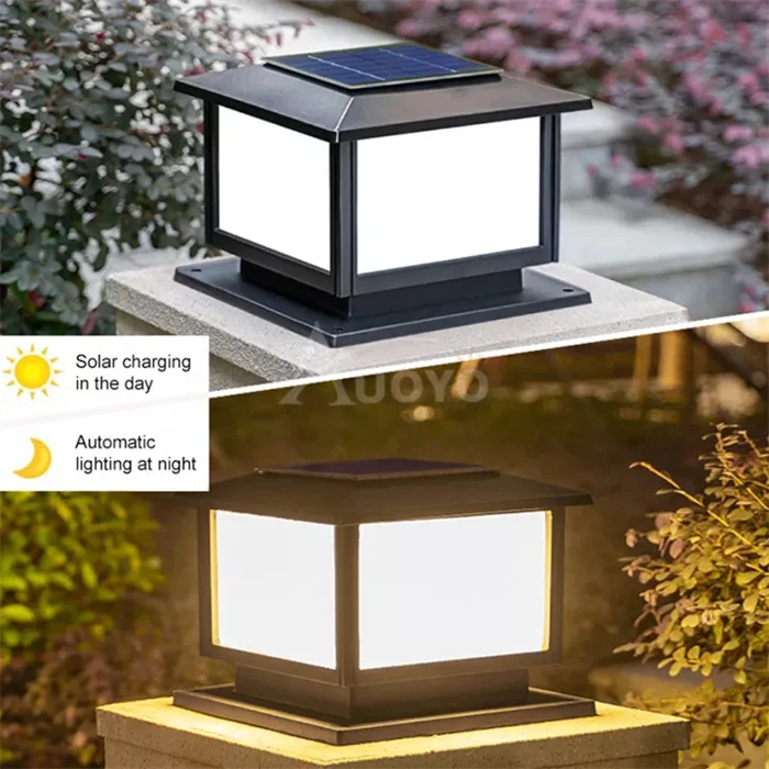 New Solar lights Powered LED Square Fence Light White Warm Lamp Outdoor Lighting Control Post Aluminum Waterproof Pillar