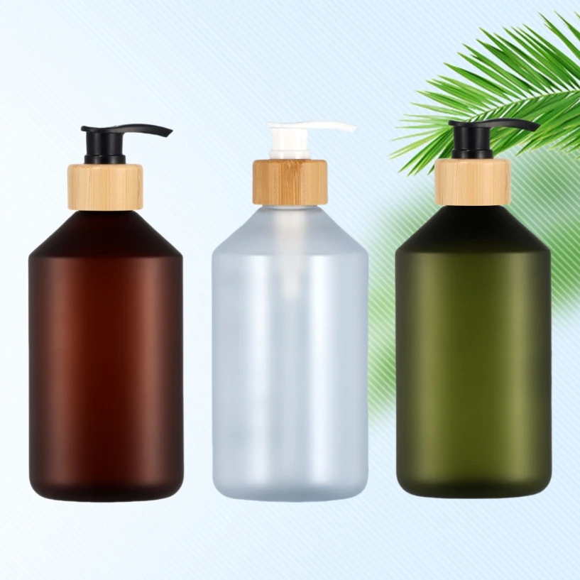Custom shampoo conditioner Amber scrub plastic pet pump lotion bottle with bamboo lotion pump cap 8oz 16oz