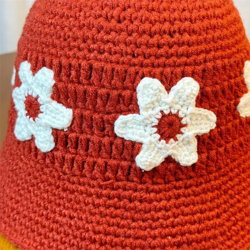 2025 New Personalized Flower Jacquard Solid Black White Red Coffee Grey Crochet Knitting Travel Sun Visor Bucket Cap Floral Hat