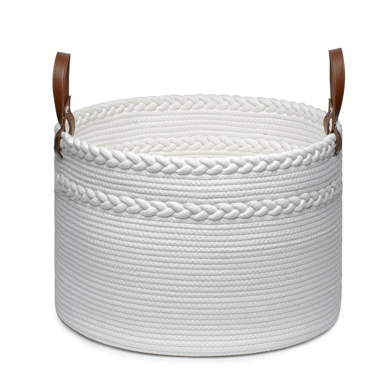Dual-Braided Decorative fashion foldable Woven Laundry Cotton Rope storage Basket with Leather Handles
