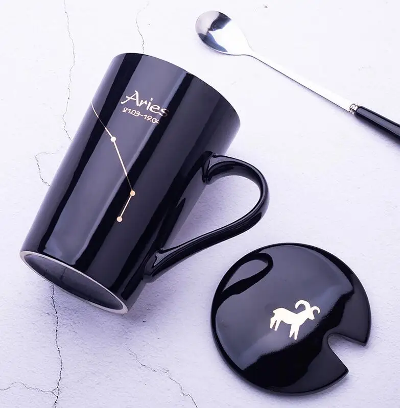 16oz 450ML black and white color constellation ceramic mug coffee cup with lids and spoons