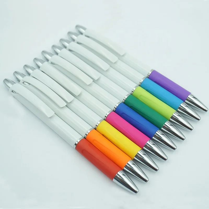 Simple design school stationery supplies logo printing solid white blank plastic ball pen with colorful rubber grip