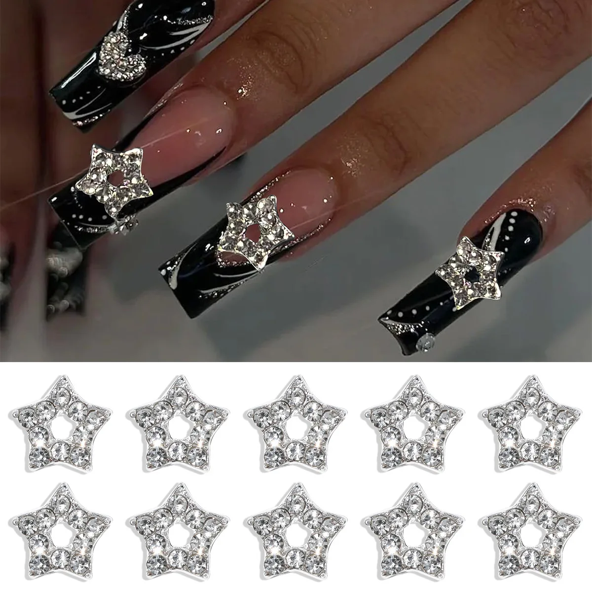 C345 SAFENG 10pcs Luxury Metal Diamond 3D Nail Charms Star Love Heart Pendant With Diamond Alloy Jewelry Nail Art Decoration
