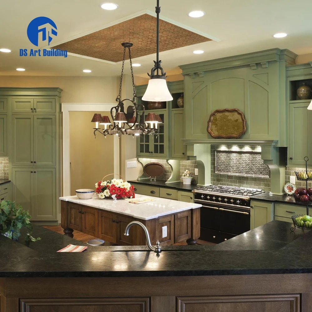 DS Causal Naval Green Shaker Kitchen Cabinet Matte Lacquer Beach Style L Shape Joinery With Island With White Benchtop