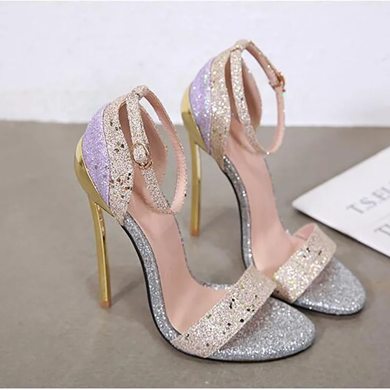 European Style Color Patchwork Ankle Buckle Sexy Spoon Stiletto High Heels Pigskin Open Toe Shiny Sequins Women Sandals Shoes