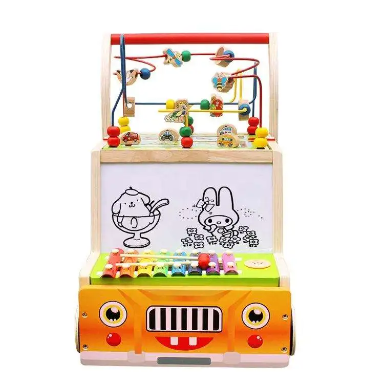 Baby walker four-wheel multi-functional drawing board cart shape baby storage rack wooden toys
