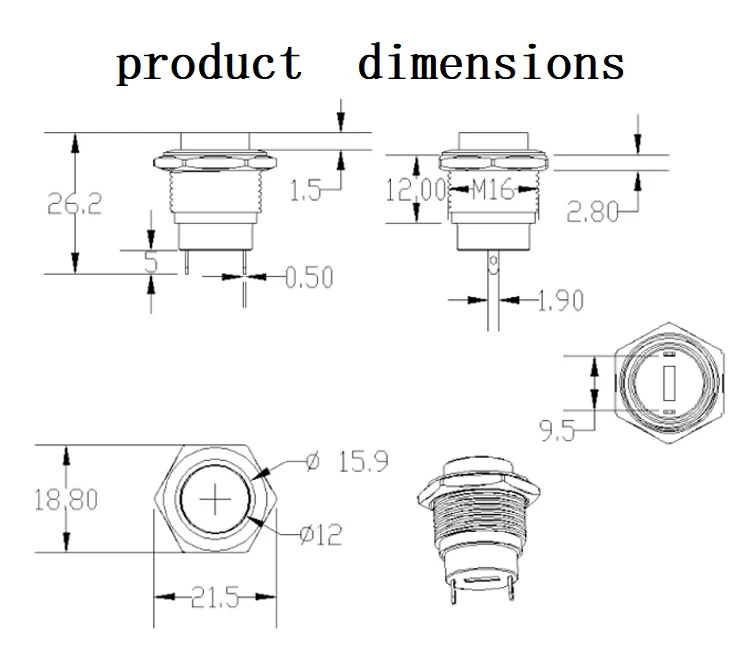 Hot Selling 16mm 16mm Normally Open 1no Metal 16mm Push Button Momentary