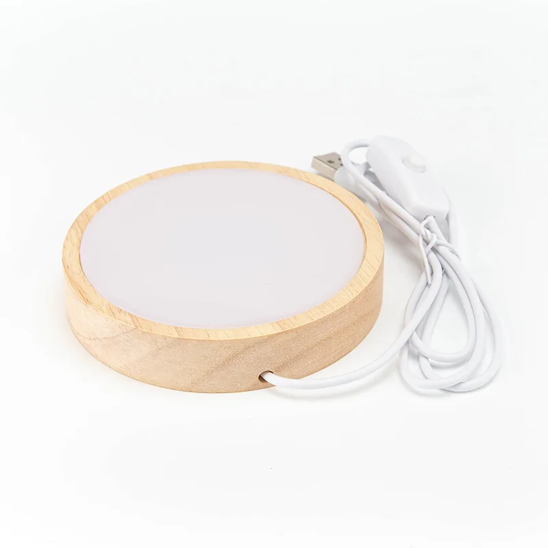2024 new product round shape LED wooden light base 3D acrylic panel lamp wood table lamp for christmas gift