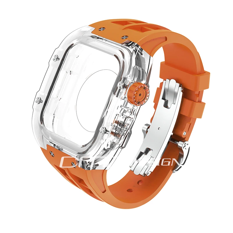 DMD Fiberglass Clear Bezel Case Fluororubber Strap Mod Kit for Apple Watch Series 8/7 45mm FPM Band for Iwatch 6/5/4/SE 44mm