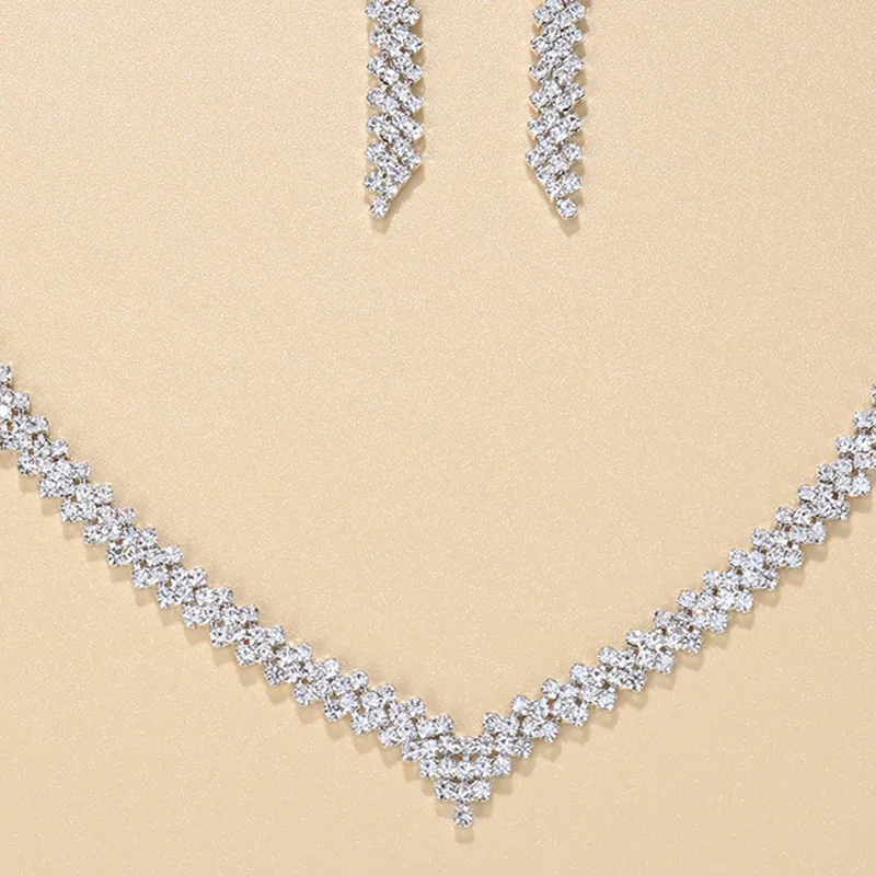 StoneFans Lozenge Necklace Earrings Set for Women Bridal Statement Piercing Wedding Jewelry Accessories