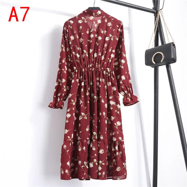 S-3XL 31 colors Spring Summer Custom Logo Long Sleeve Floral Printed Polka Female Midi Casual Chiffon Dresses for Women
