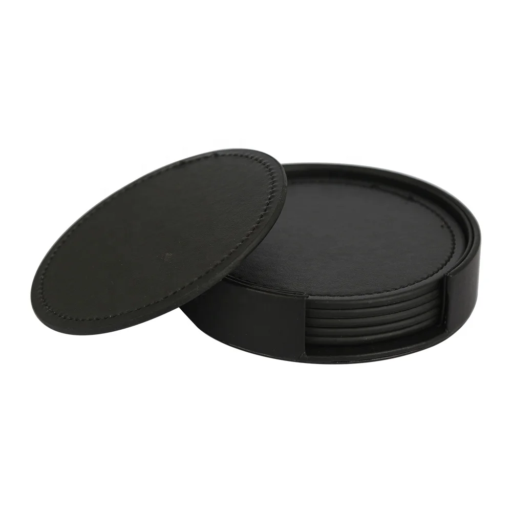 
DX Wholesale Factory custom promotional classic design rounded black PU leather hot drink coasters 
