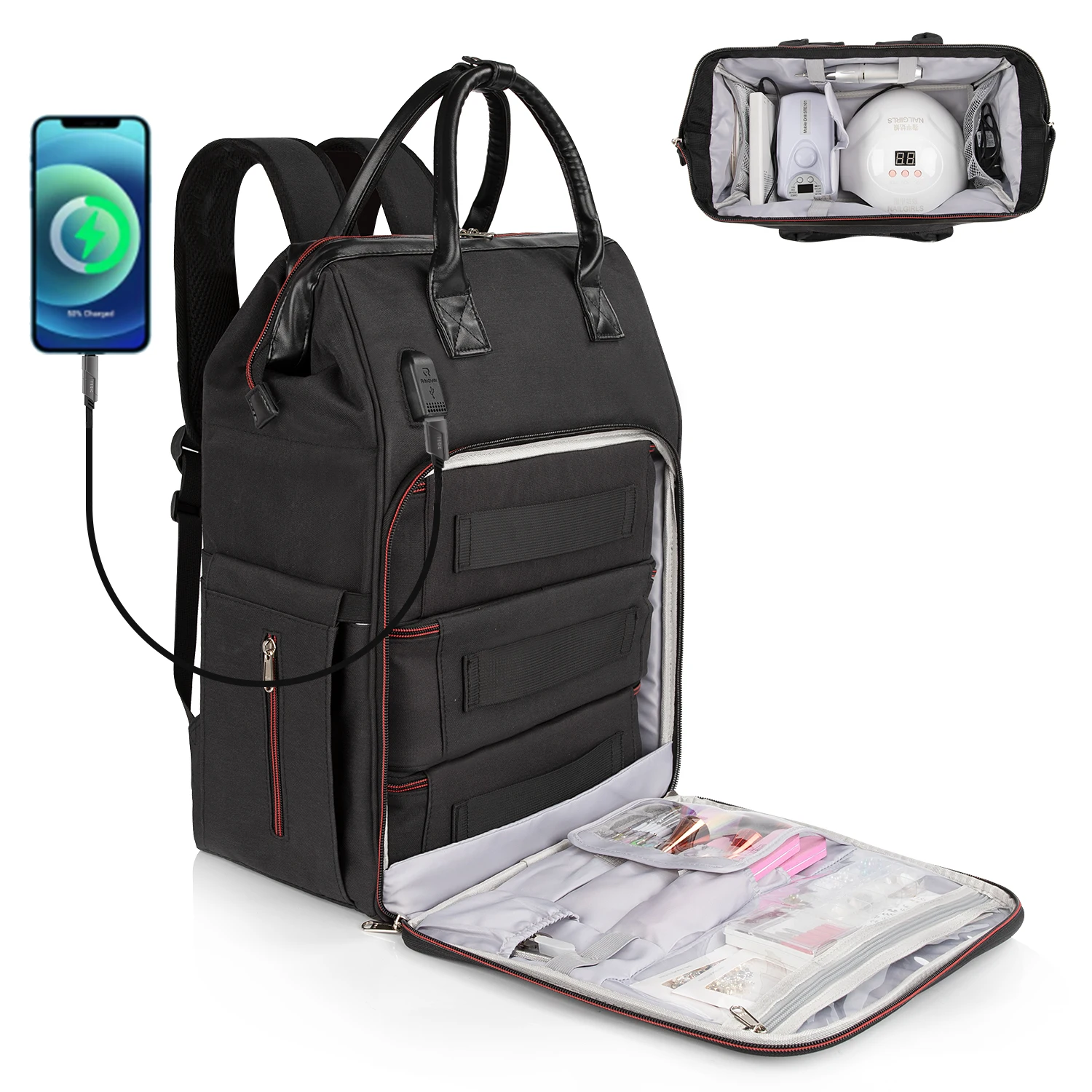 Relavel Nail Supplies Organizer Backpack Holds 84 Bottles and Nail Lamp Bag Travel Nail Supplies Organizer for Manicure Tools