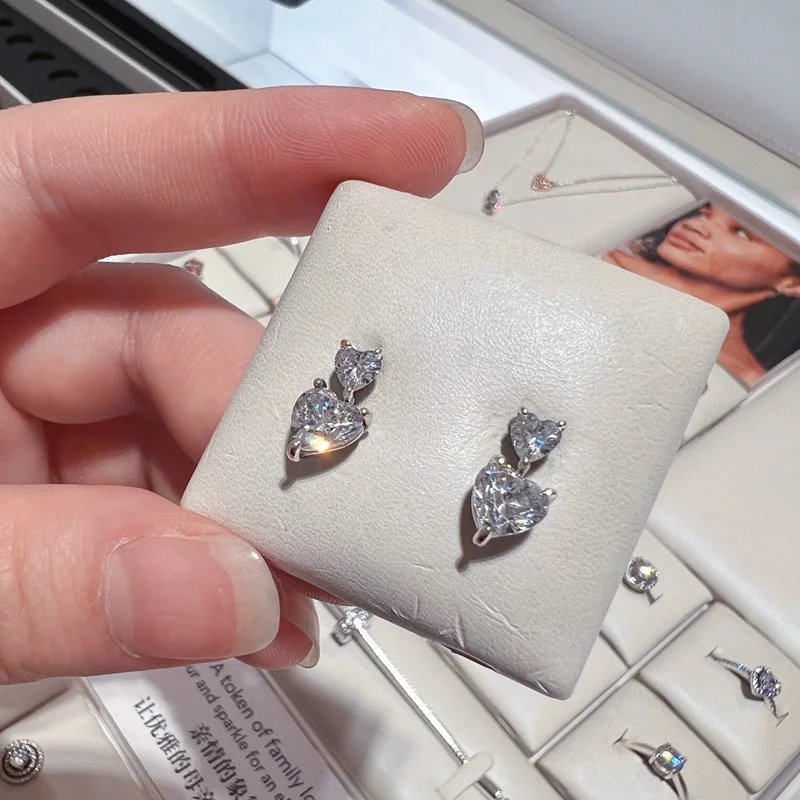 wholesale fashion 925 Silver earrings high quality ALE S925 Double Heart Earring cubic zirconia earrings women Gift for Mothers