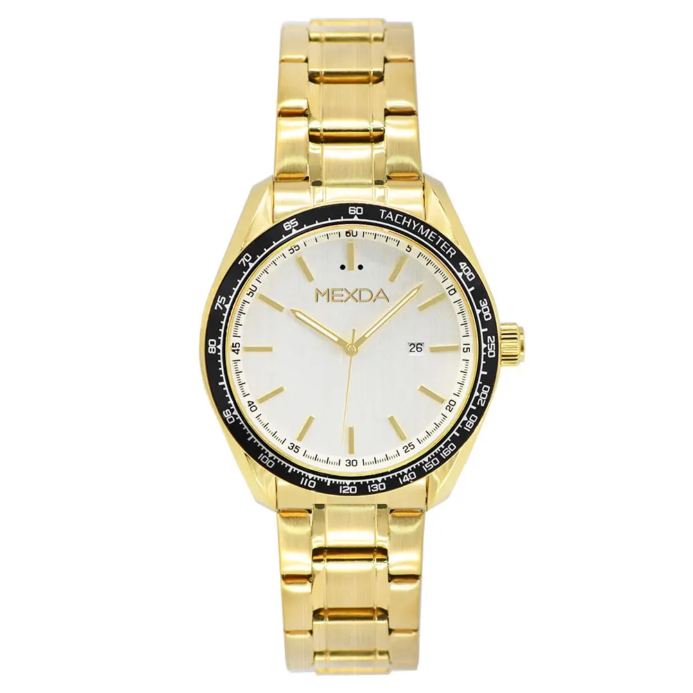 Mexda Brand stainless steel luxury waterproof quartz oem brand hands wrist watches custom logo golden watch men