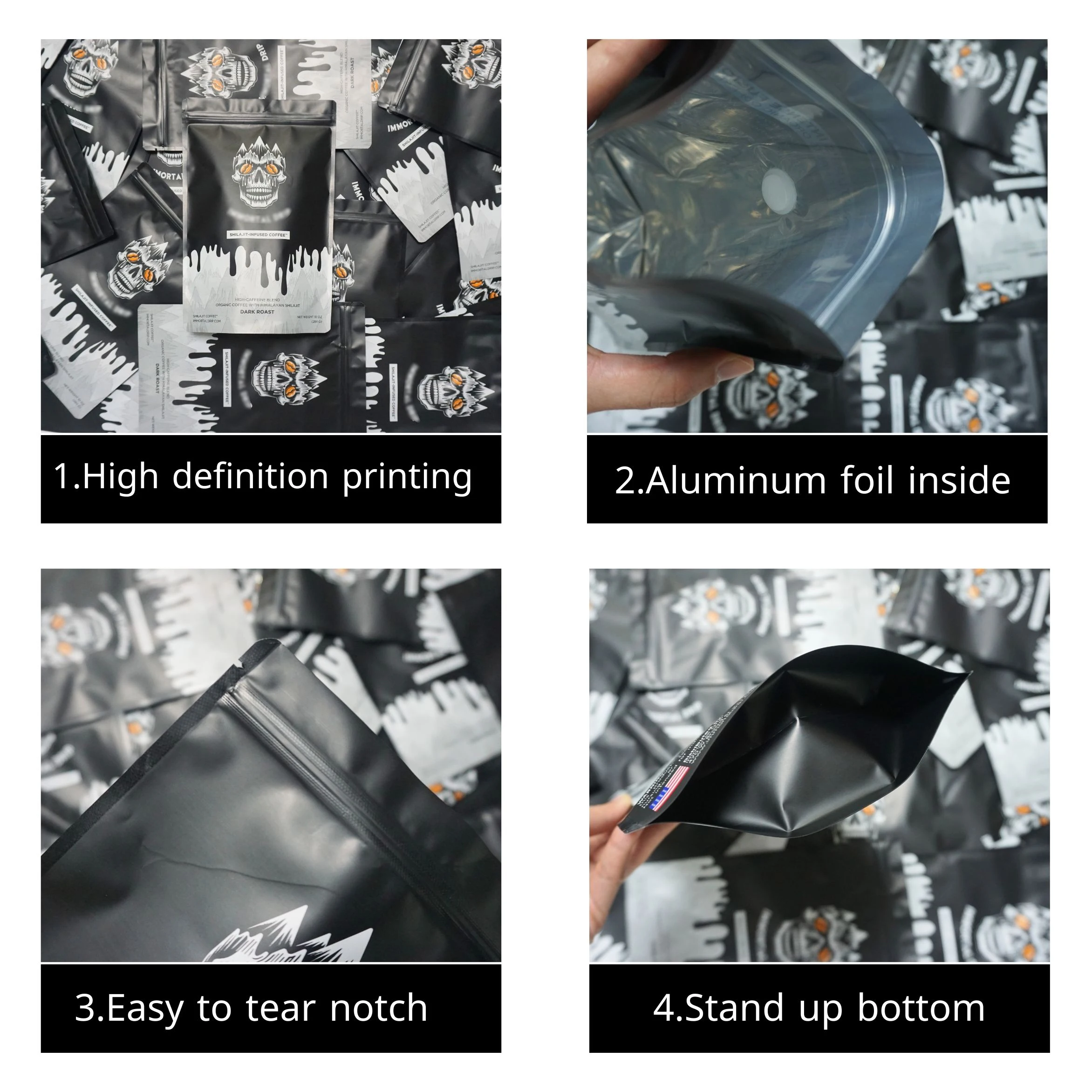 Custom Printing Biodegradable Kraft Paper Stand Up Zipper Food Packing Bag Zip Lock Mushroom Coffee Packaging Doypack Mylar Bag