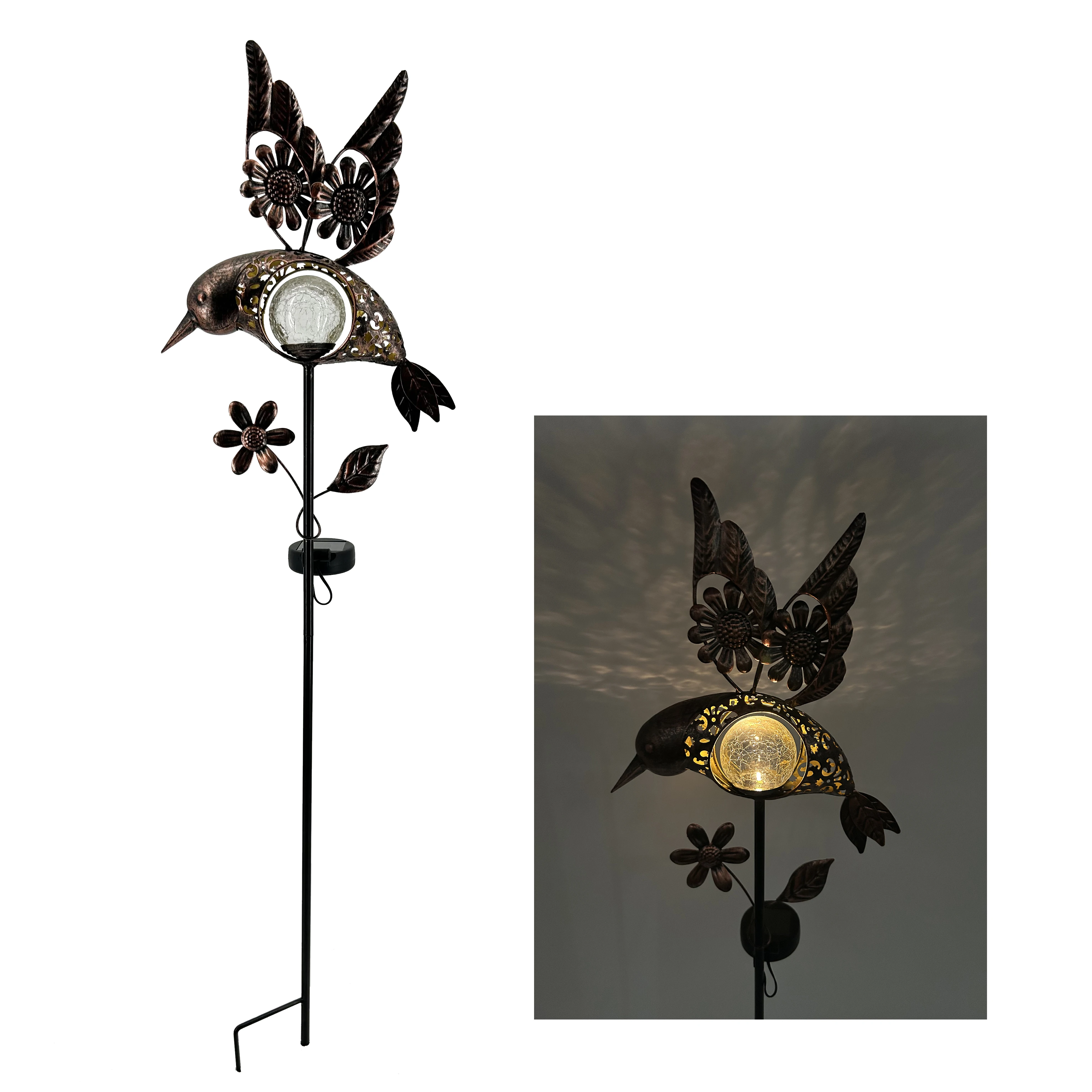 New Waterproof Metal Butterfly & Hummingbird & Owl & Snail with Crack Ball Solar Light Stake for Garden Ornaments