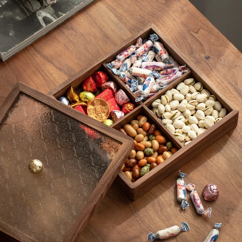 Solid wood dry fruit box wholesale square fruit plate with cover living room new year candy nut box glass storage box