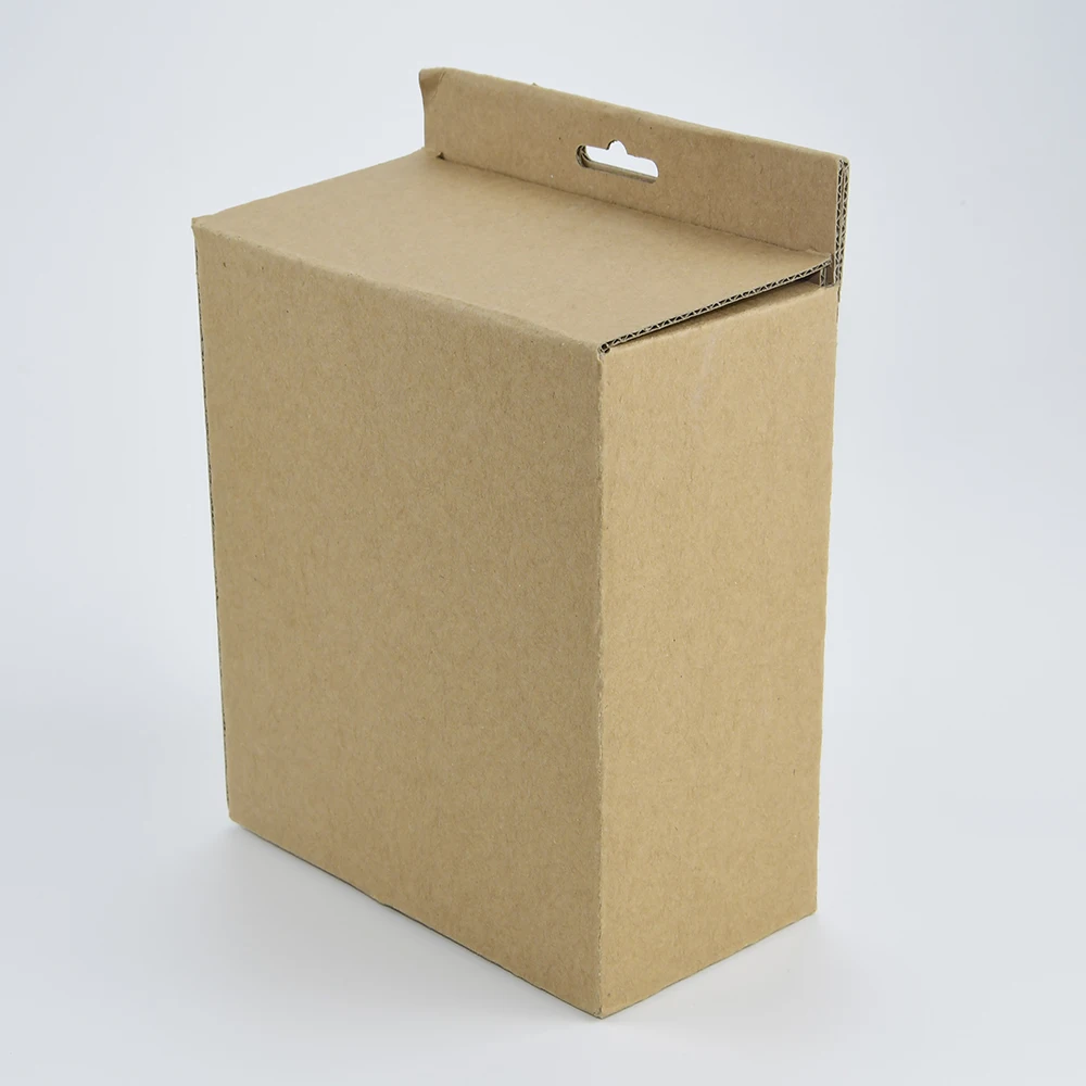 Biodegradable Flat Collapsible Hanger Box Corrugated Natural Brown Kraft Paper Packaging for Phone Case Power Bank Packaging