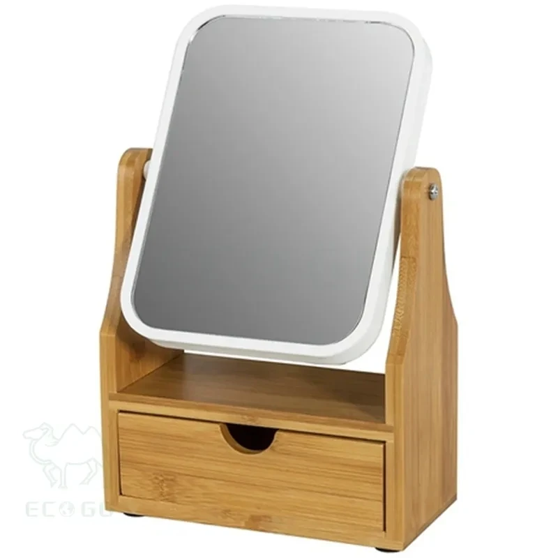 Bamboo makeup organizer cosmetic holder with storage drawer and mirror