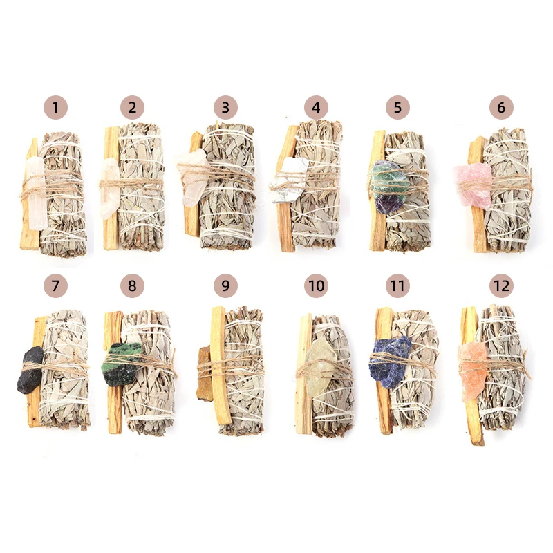 High Quality White Sage Bundles With Crystals Spiritual Incense Stick Natural Incienso Palo Santo Sage Smudge Kit Incense Stick