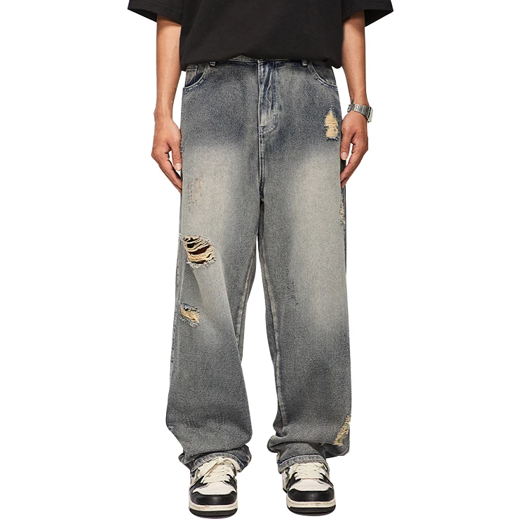 wholesale mens heavy washed flare denim wide leg jeans pant custom ripped jeans for men