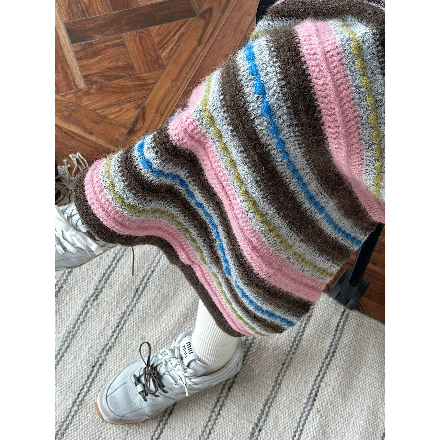 Autumn Winter Vintage A-Line Long Woolen Skirt Comfortable Warm  Retro Style Contrasting Stripes Empire Waistline knitted skirt