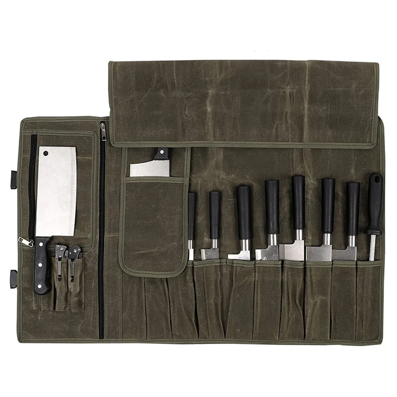 Waxed Canvas  Knife Roll Bag Army Green Knife Wrap - Waterproof Pocket Knife Carrier With Adjustable Shoulder Strap