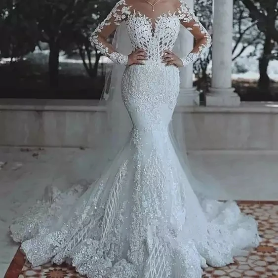 Sexy new deep V-neck mermaid wedding dresses lace wedding gown long tail wedding dress for ladies