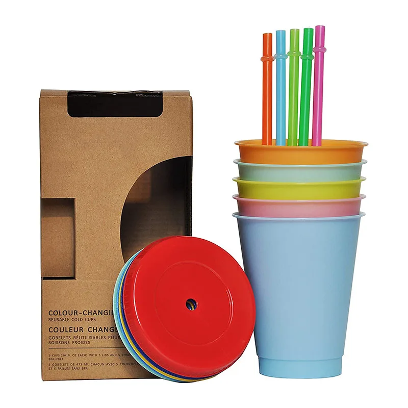 Color Changing Cups 16oz 24oz Reusable Cold Drink Cups with Lids and Straws