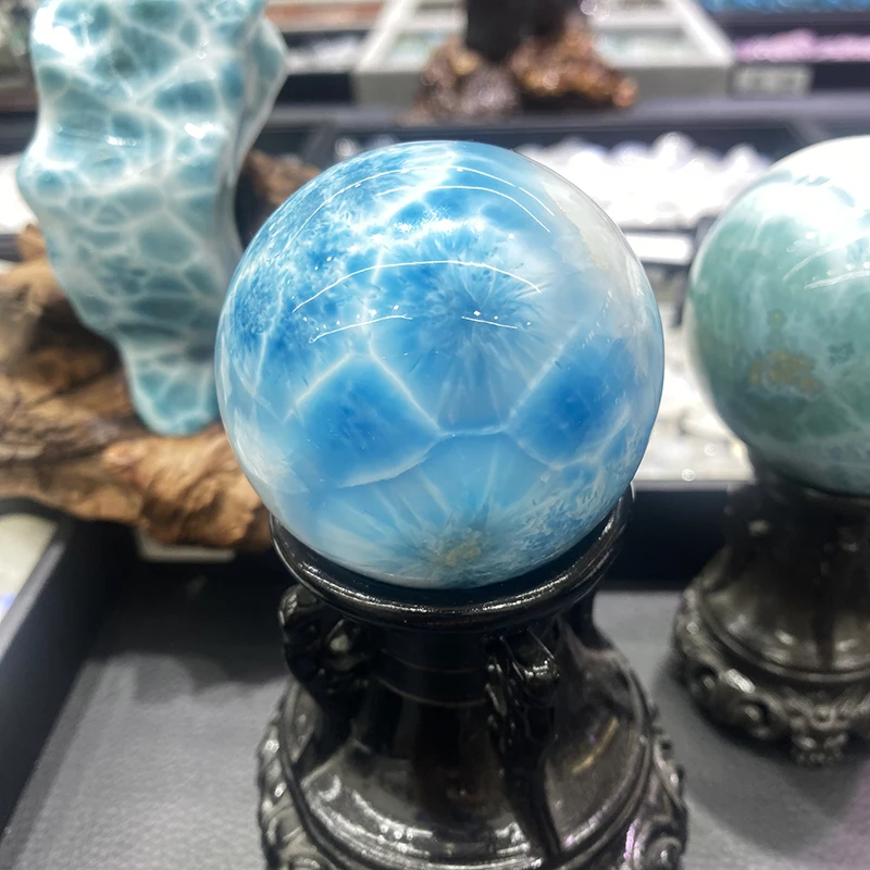 Dominica high Quality Big Size Natural Copper Pectolite Blue Larimar Ball Polished Larimar Spheres for home decoration