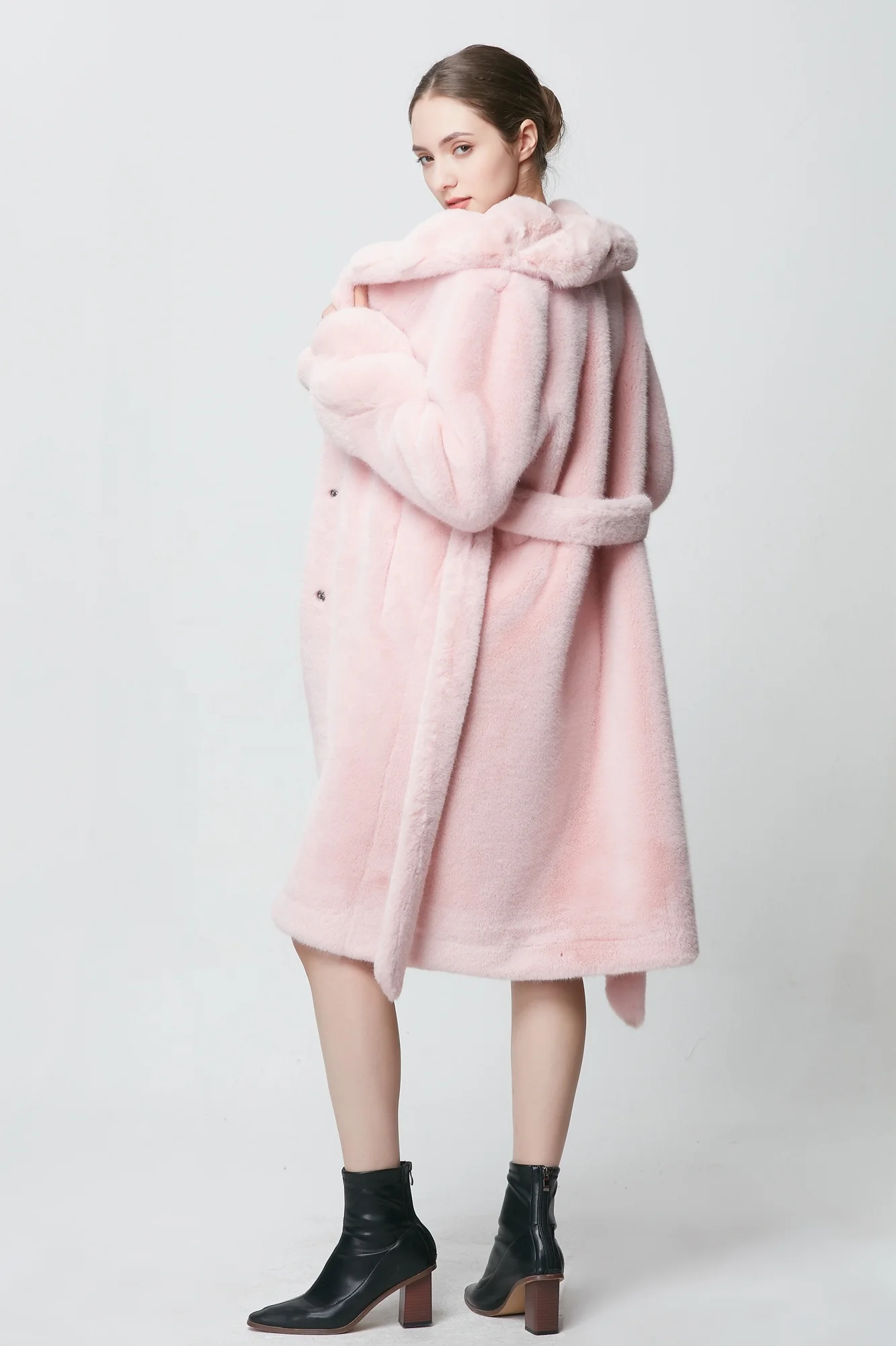 Wholesale Customization Solid Faux Sable Mink Fur Coat With Belt Full Sleeve Fux Fur Coat Parka