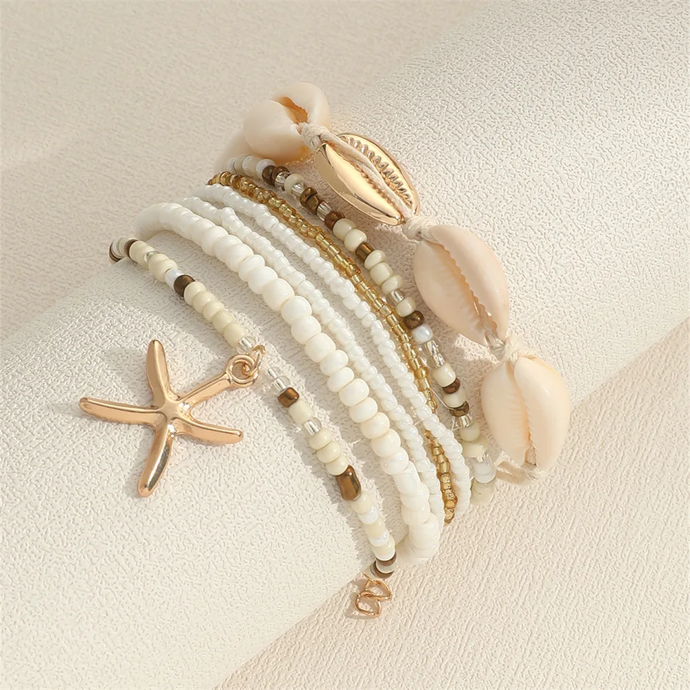 2024 Wholesale 7pcs/set Women Bohemia Beach Shell Bracelet Set for Women Starfish Pendant Beaded Bracelets Jewelry Accessories