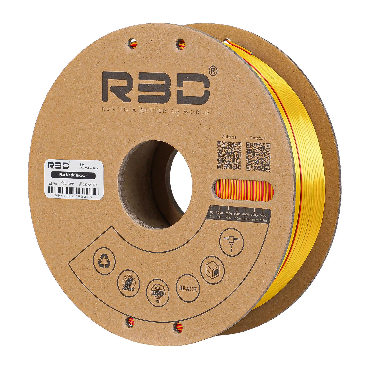 R3D New Triple Color PLA Filament 1.75mm 1KG for 3D Printer  Red Yellow Blue