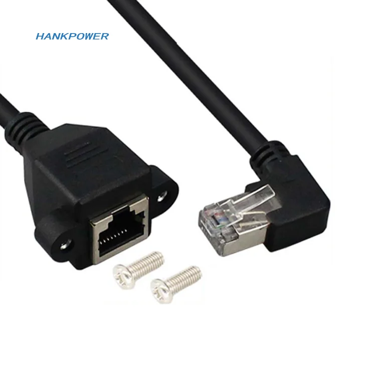 Right Angle RJ45 Male to Female Cable Adapter With Screws Lock Panel Mount RJ45 Ethernet Network Extension Cable Cord