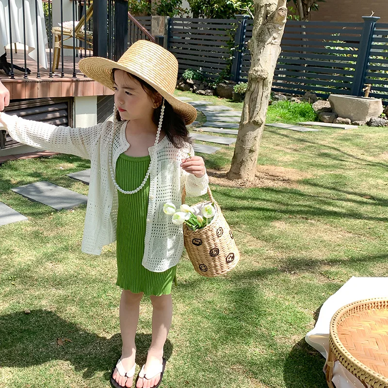 2023 Toddler Children Girl Summer Knit Hollow Beige Think Cardigan Sweater 2-8 Years