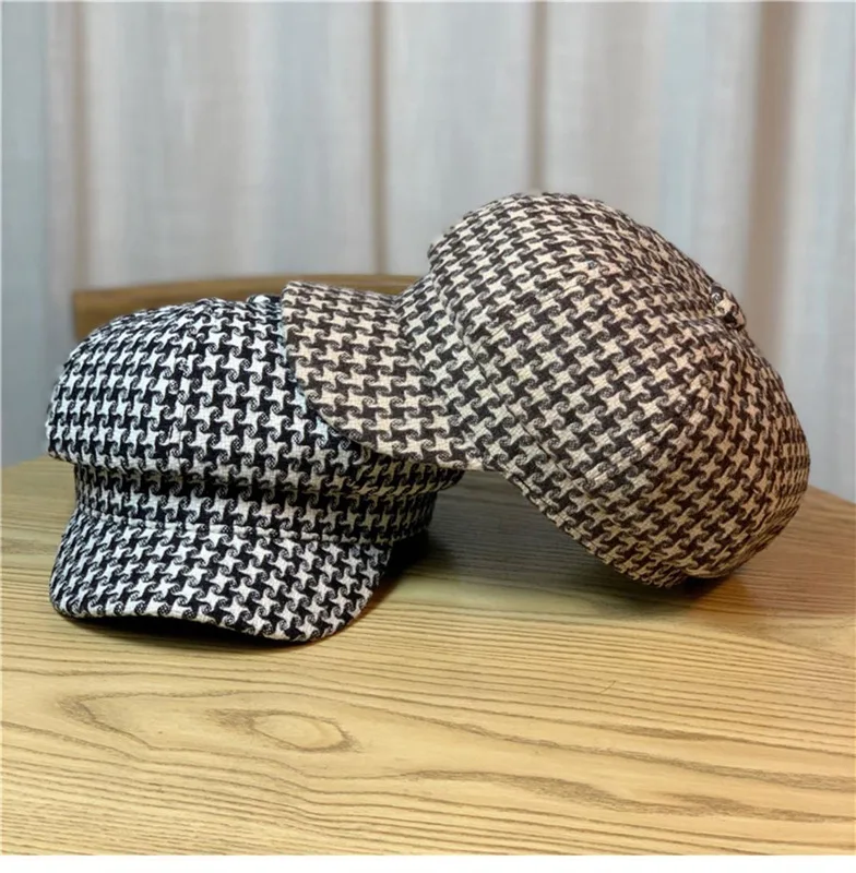 Factory Direct Sales Korean Version Female Hat Female Autumn Winter Houndstooth Hat