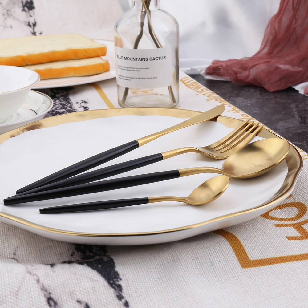 
Wholesale Golden Round Handle United Cutlery Set For Wedding Gift Black Gold Matte Stainless Steel Restaurant Flatware Sets 