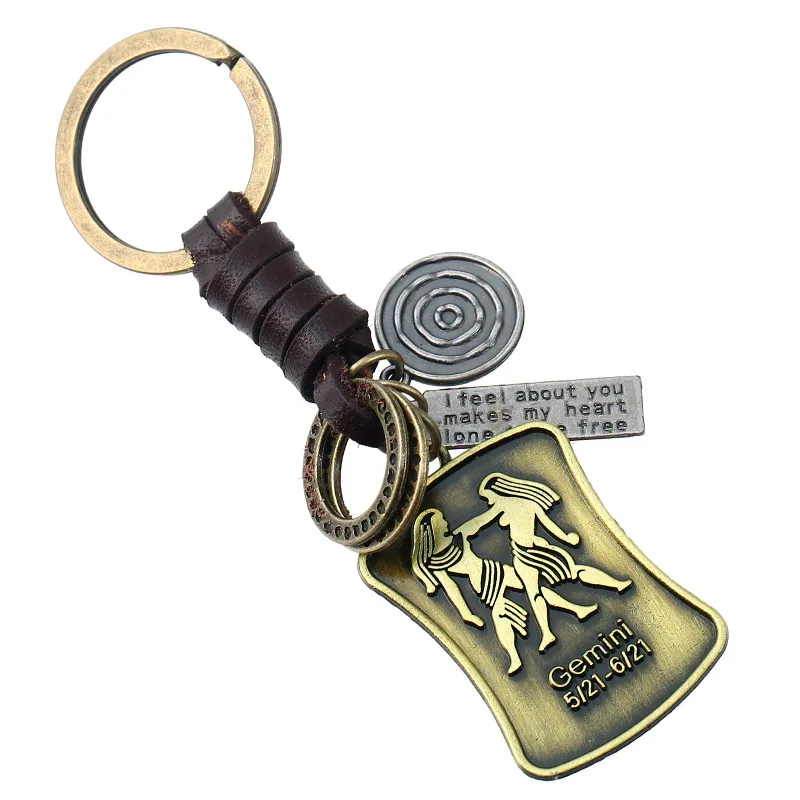 Metal Key Chains Gift Ideas Women Men 12 Constellations Zodiac Symbol Leather Horoscope Key Rings Astrology Present Bag charms