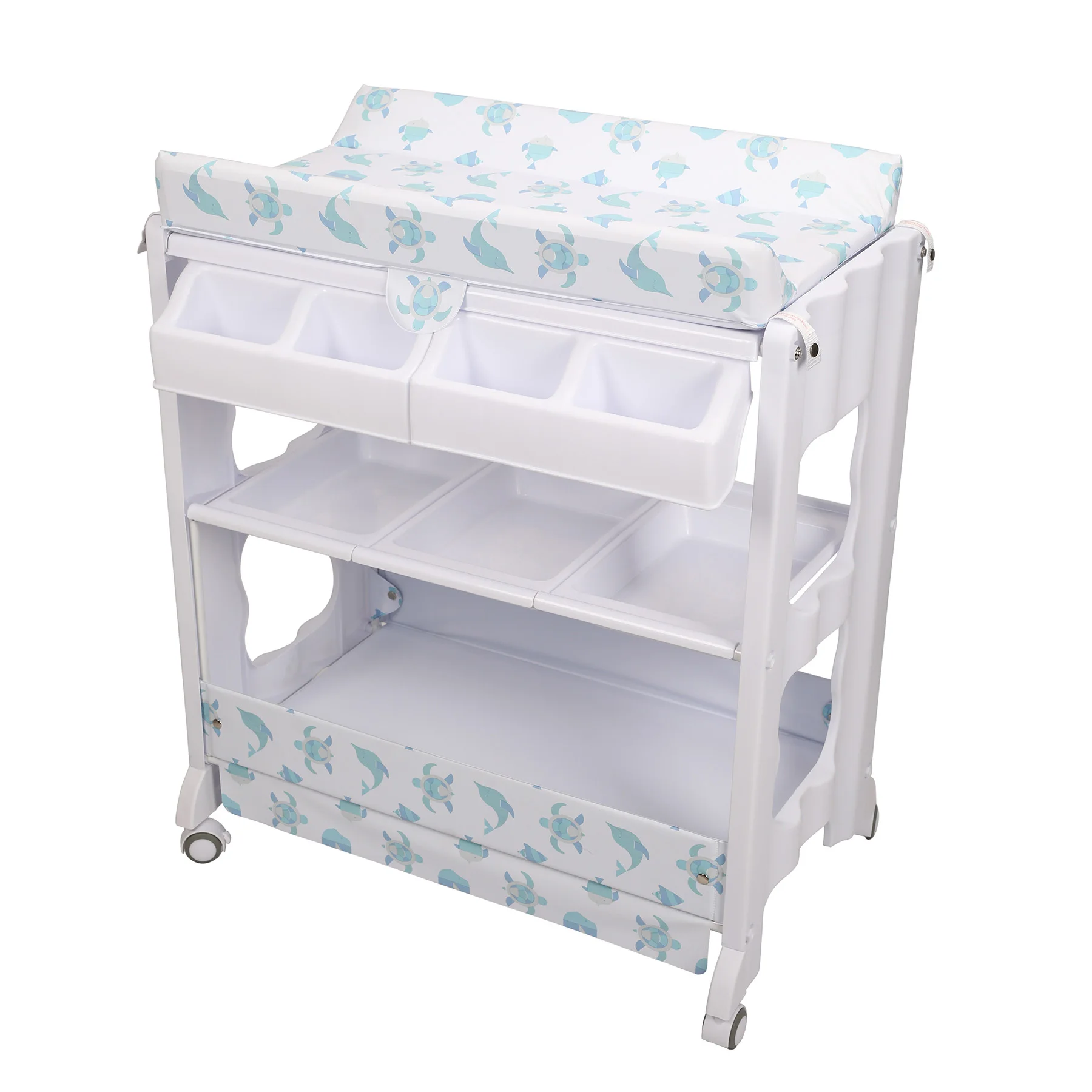 Folding 4 wheels portable high standing baby changing table with bath tub