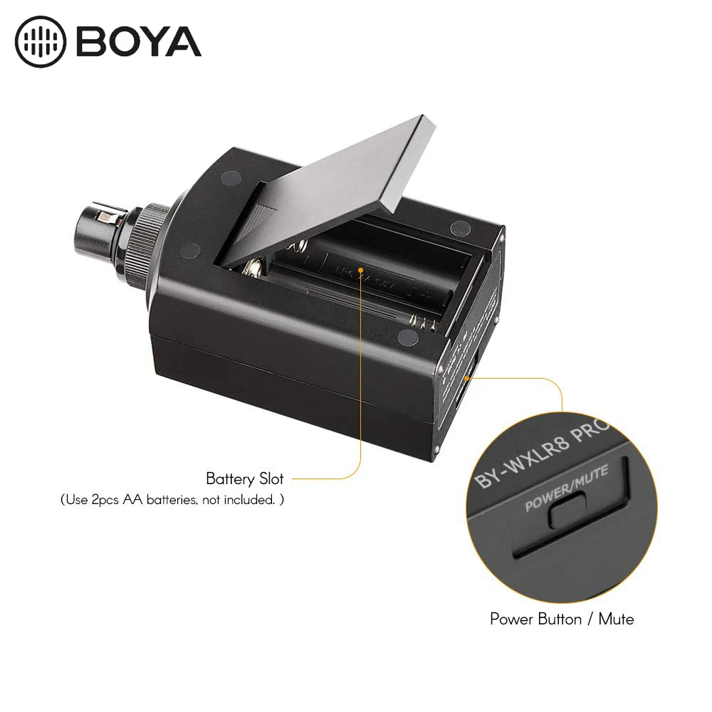 BOYA BY-WXLR8 Pro 48-канальный комплект микрофона включает в себя: передатчик подключаемого модуля на ЖК-дисплее XLR Сделано Китае 3 5 мм линейный вход с BY-WM8 /BY-WM6 приемник