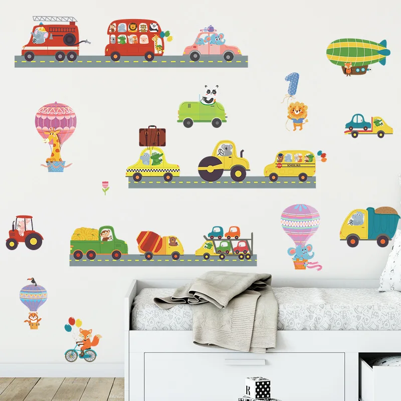 Colorful DIY Gift Removable Cartoon Bus Cars Truck And Bikes Road Traffic Wall Stickers Living Room Kids Room Door Stickers