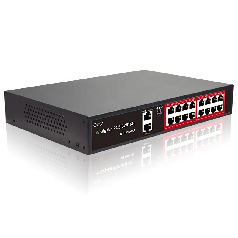 OEM/ODM PoE Switch ethernet 16 POE Ports +2 Gigabit Uplink,IEEE 802.3af/at PoE+100Mbps, 240W , Extend to 250M