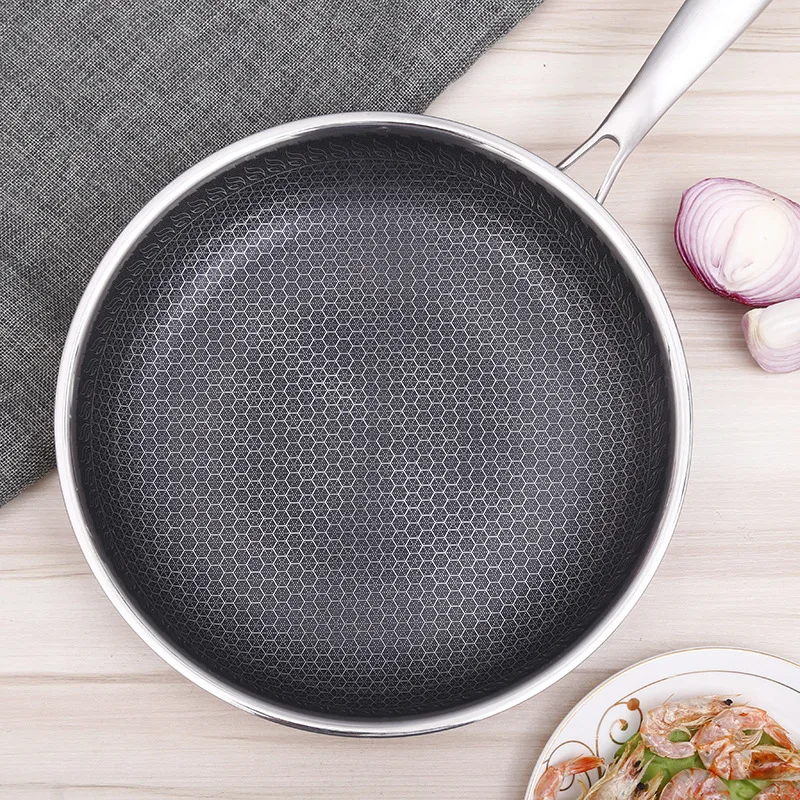 Stainless Steel Kitchen Cookware Non Stick Multipurpose Flat Pan Gas Honeycomb Wok Steak Egg Frying Pan With Lid