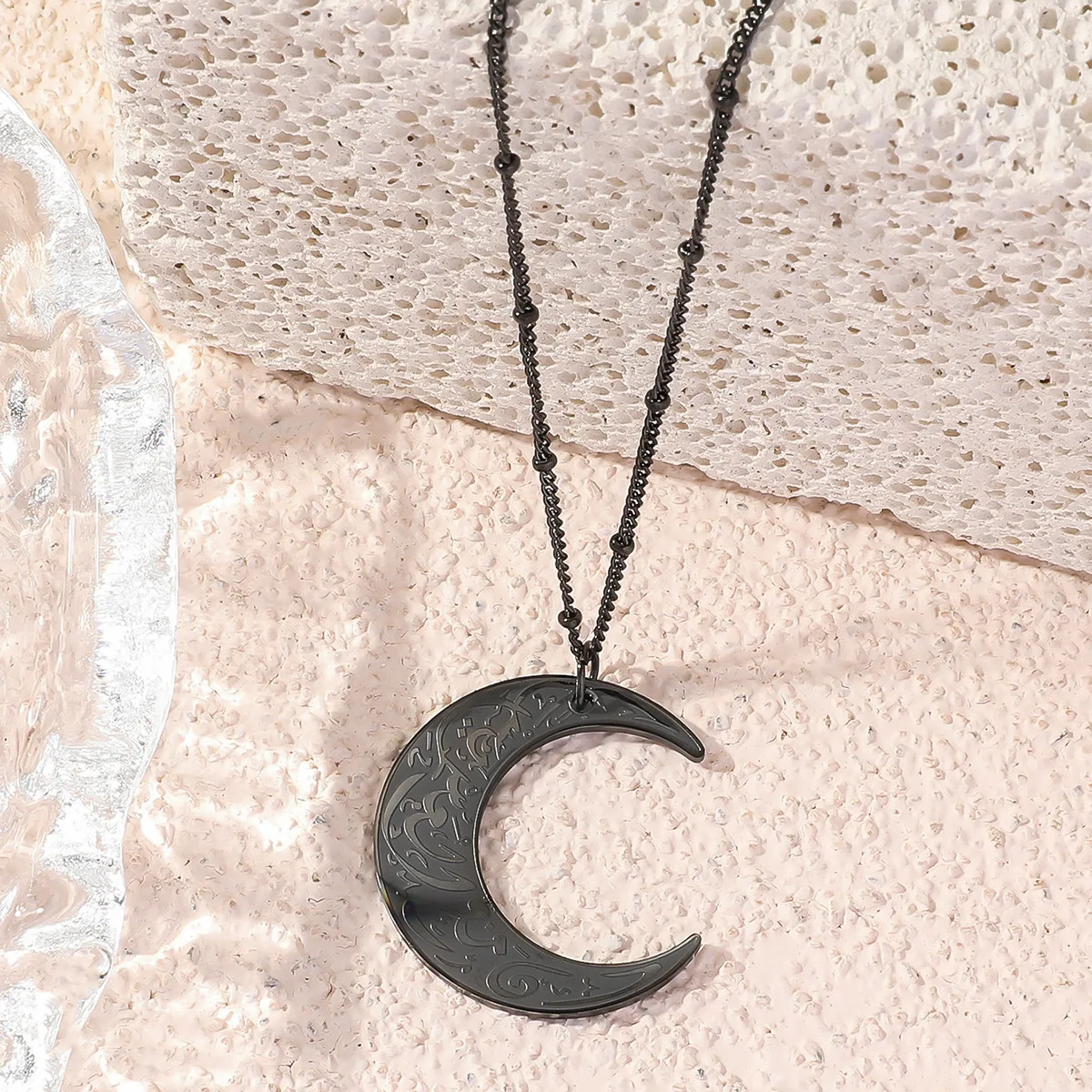 Stainless Steel Religious Islamic Muslim Religious Totem Koran Allah Carved Font Text Pendant Arabic Word Moon Pendant Necklace